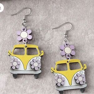 Cute Retro School Bus and Flower Wooden Earrings